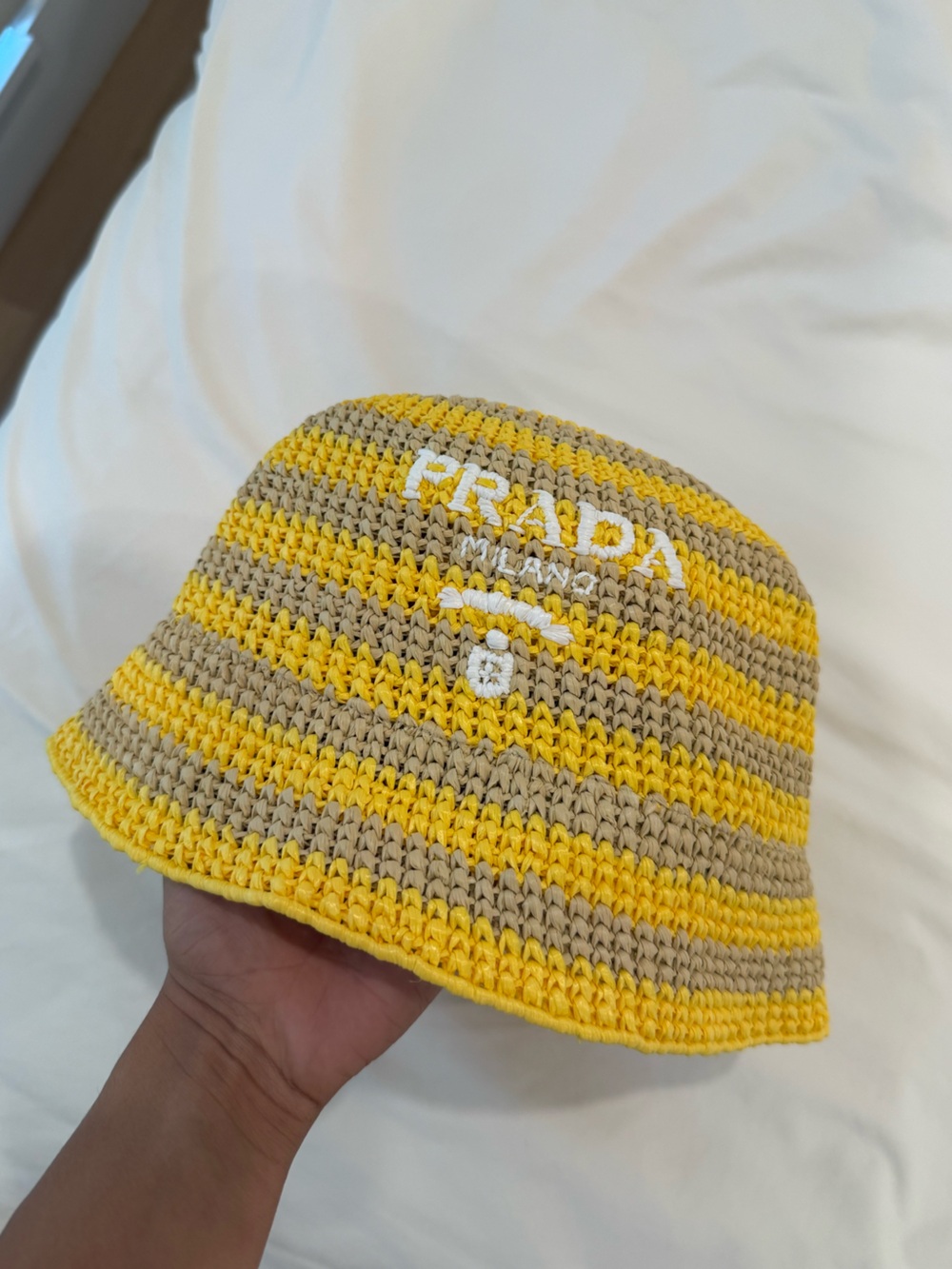 Prada Crochet Stripe Beanie Hat in Yellow & Tan